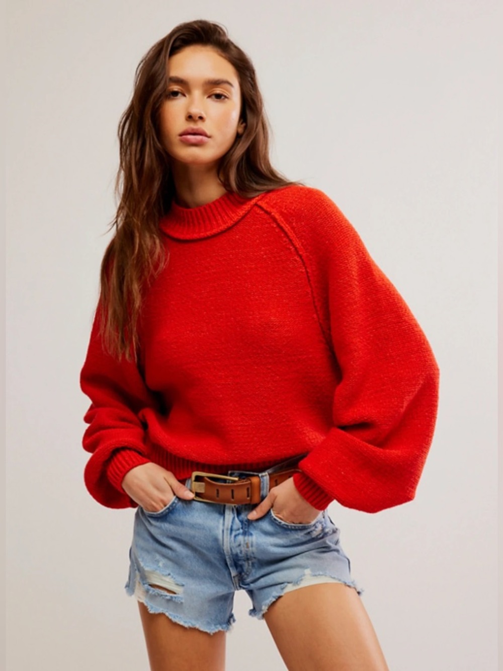 Free People Riley Women’s Crewneck Balloon Sleeve Pullover Sweater, Fiery Red, S
